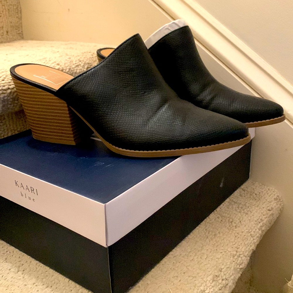 Kaari blue black animal skin mule with wooden heel never worn outside.